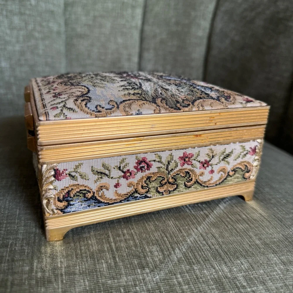 Vintage Tapestry Music Jewelry Box Gold Tone Floral Landscape Velvet Works